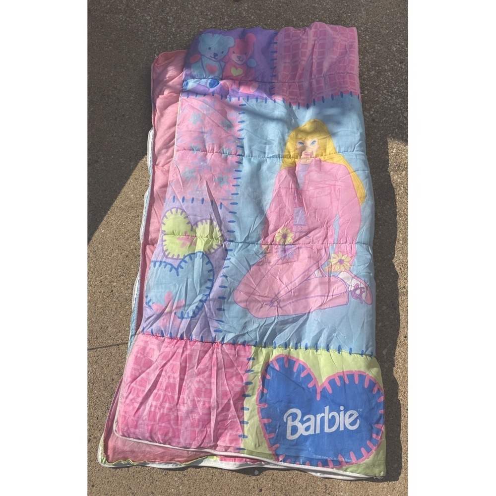 Vintage 1999 Barbie Sleeping Bag Pink Blue Kids Bedding Mattel Plush
